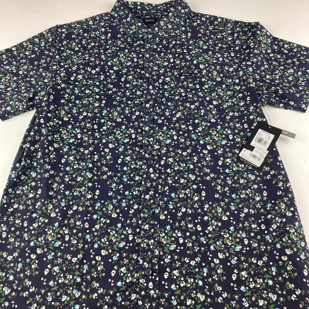 RVCA That'll Do Shirt Mens L Slim Fit Navy Floral Stretch NWT